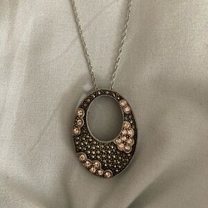 925 Sterling Silver Marcasite And Pink Rhinestone Pendant Necklace